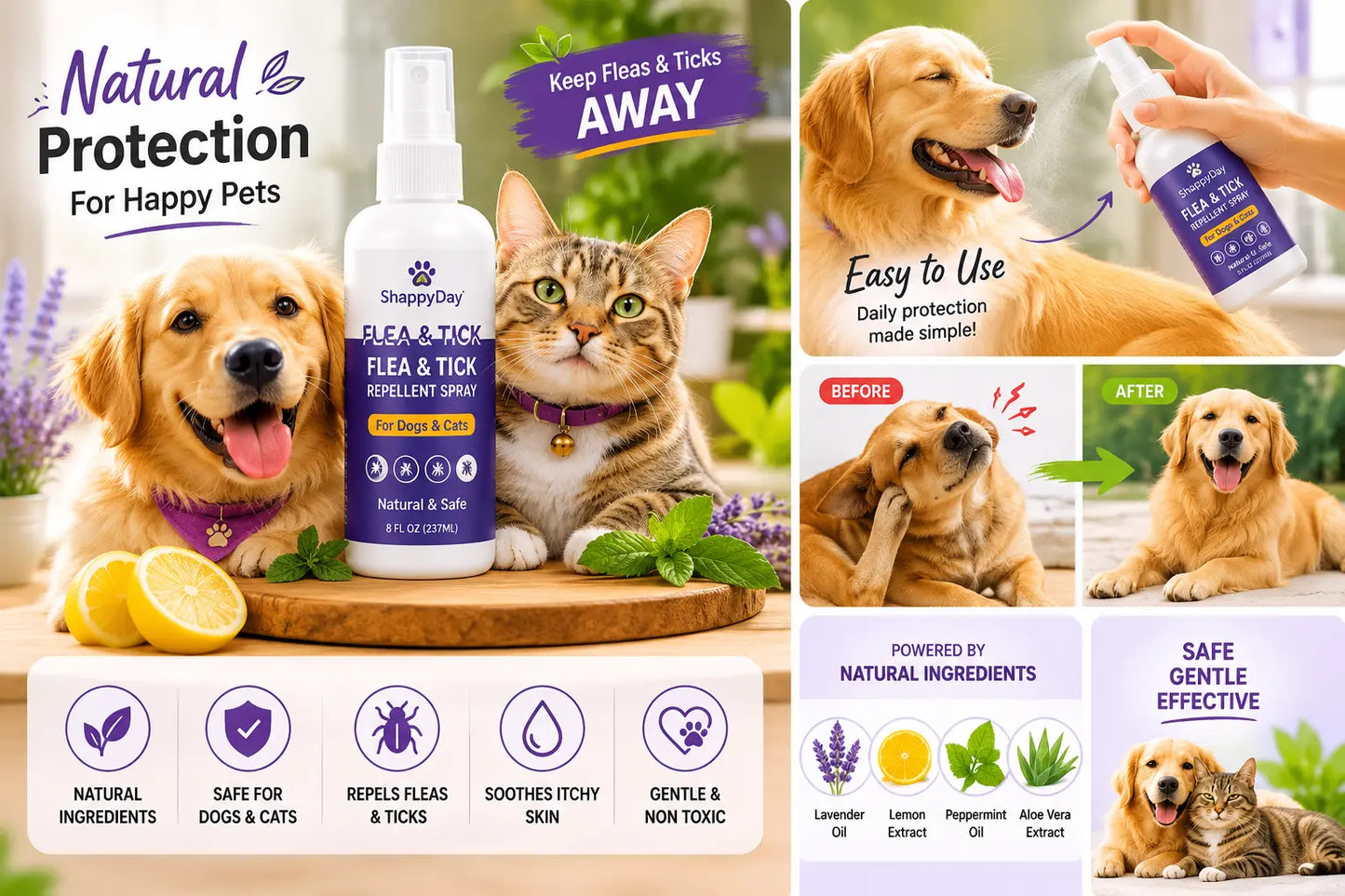 Pet owner applying ShappyDay natural flea tick spray evenly to dog coat for full protection