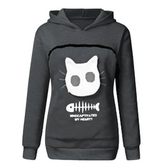 Cat lovers hoodie with kangaroo pocket and animal ears, designed for cuddling pets, offering comfort and style for pet owners.
