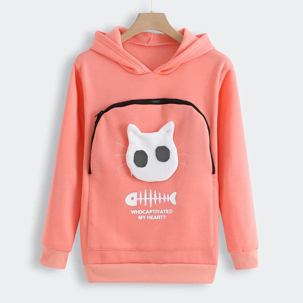 Cat lovers hoodie with kangaroo pocket and animal ears, designed for cuddling pets, offering comfort and style for pet owners.