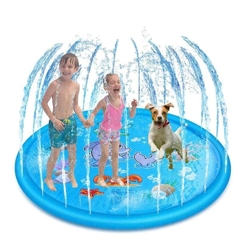 150cm pet play splash mat with kids and dog enjoying water spray outdoors.