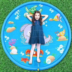150cm pet play splash mat for kids and dogs, outdoor water spray pool, blue with sea animals, grass background.