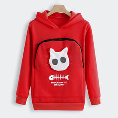 Cat lovers hoodie with kangaroo pocket and animal ears, designed for cuddling pets, offering comfort and style for pet owners.