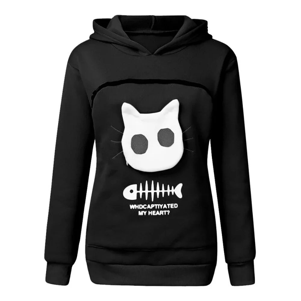 Cat lovers hoodie with kangaroo pocket and animal ears, designed for cuddling pets, offering comfort and style for pet owners.
