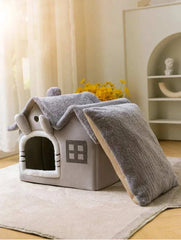 Cozy half-closed dog bed, fluffy and foldable, ideal for puppies and small dogs, providing warmth and security.