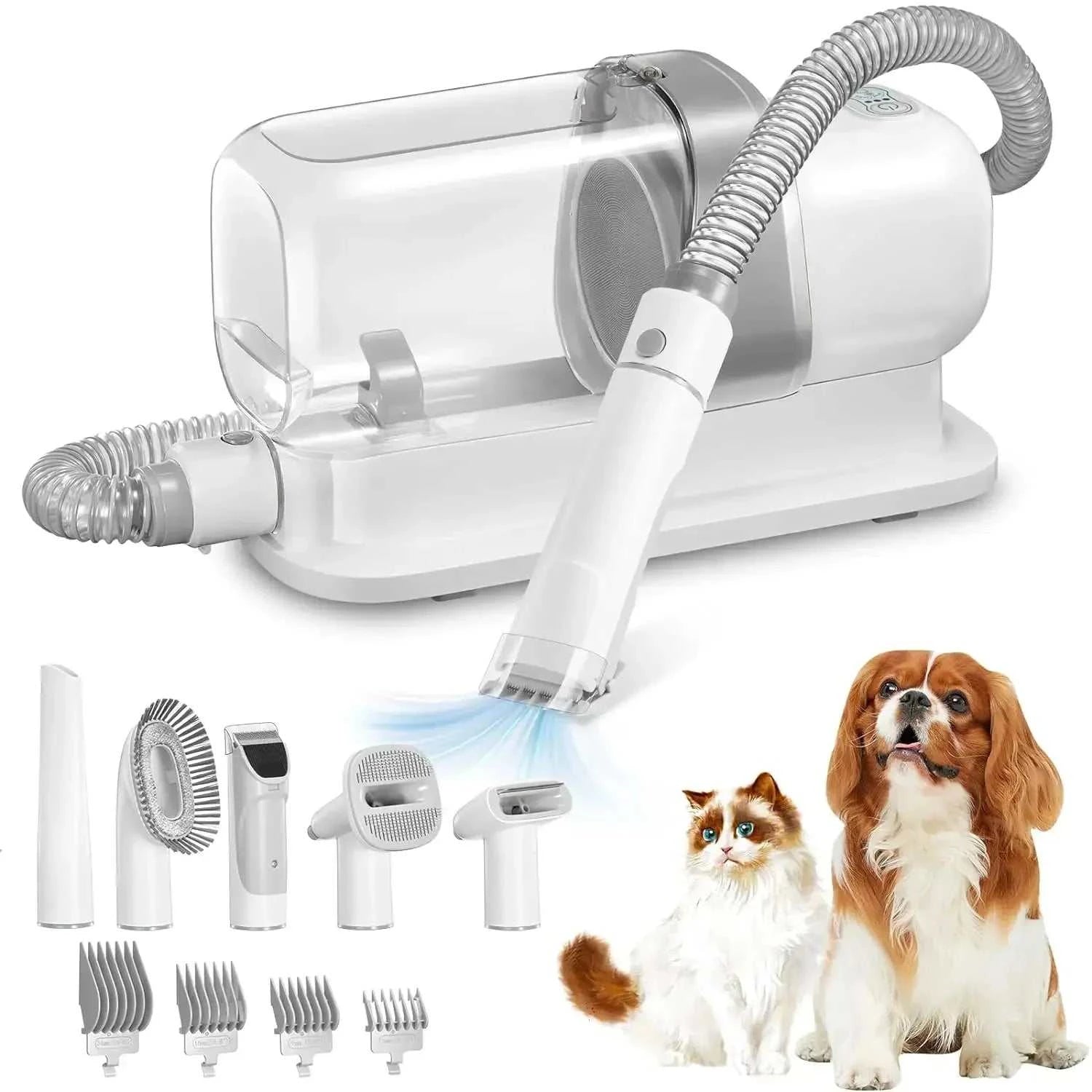 Dog grooming vacuum and pet grooming kit with 2.3L dust cup, accessories, and pet image.