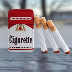 Dog cigarette box sound making toy with three plush cigarettes, bite-resistant material.