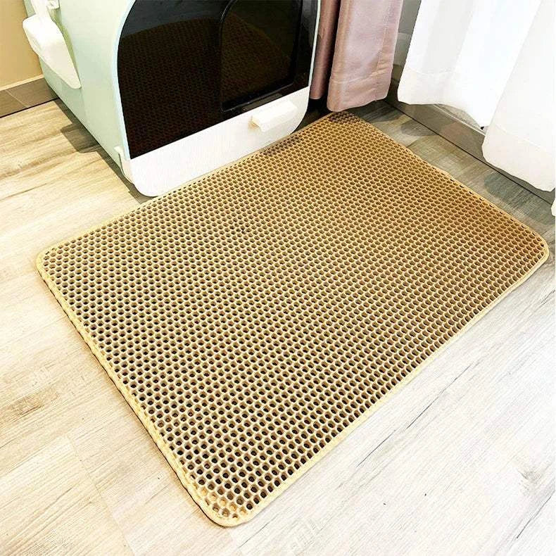 Cat waterproof litter trapping mat with double layer design, non-slip, washable, and ideal for litter box setups.