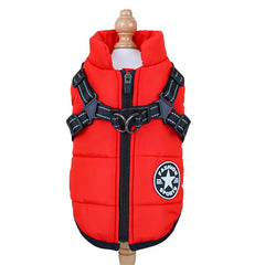 "Large waterproof dog jacket with harness for winter warmth"