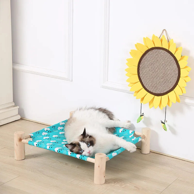 "Detachable raised cat hammock bed with moisture-proof washable mat, ideal for cats and small dogs"