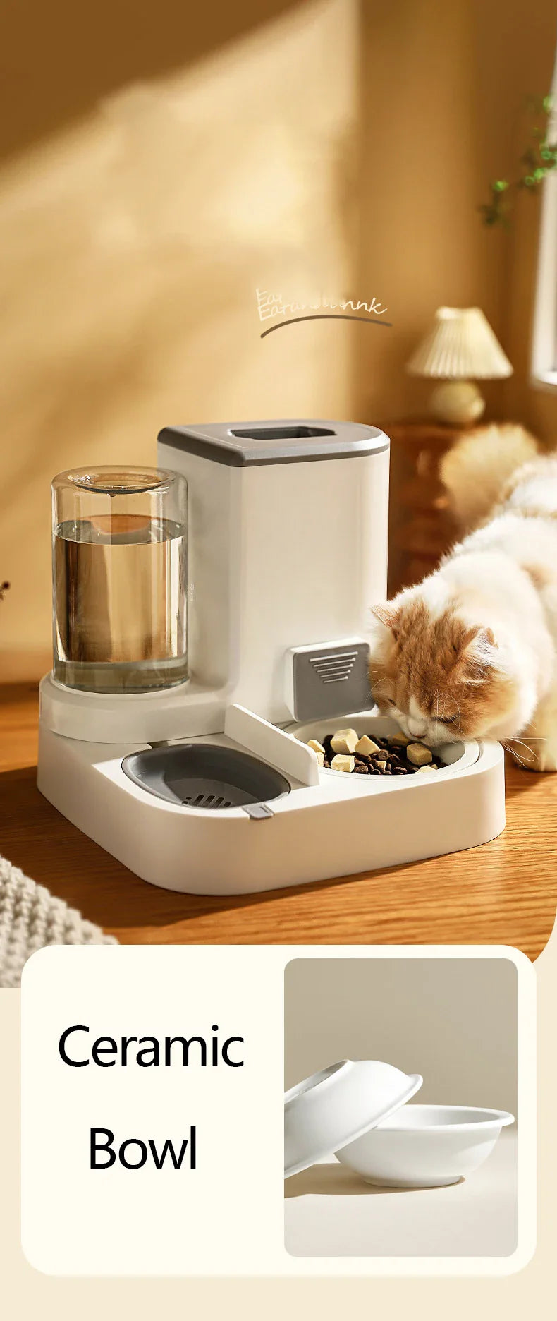 Kimpets automatic pet feeder and water dispenser with large capacity, designed for dry and wet food separation for cats and dogs.