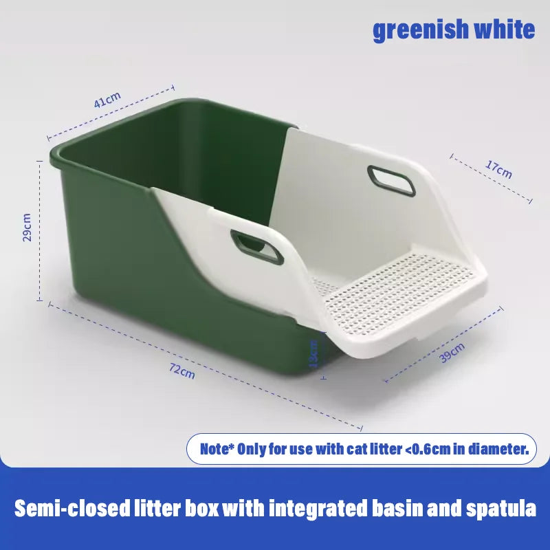 "Extra large semi-closed cat litter pan with anti-splash design for easy maintenance"