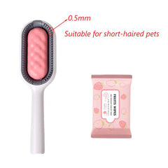 "Double-sided pet hair removal brush for cats and dogs with grooming wipes"