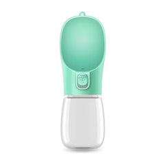 Portable pet travel water bottle with easy-pour drinking bowl for dogs and cats on outdoor adventures.