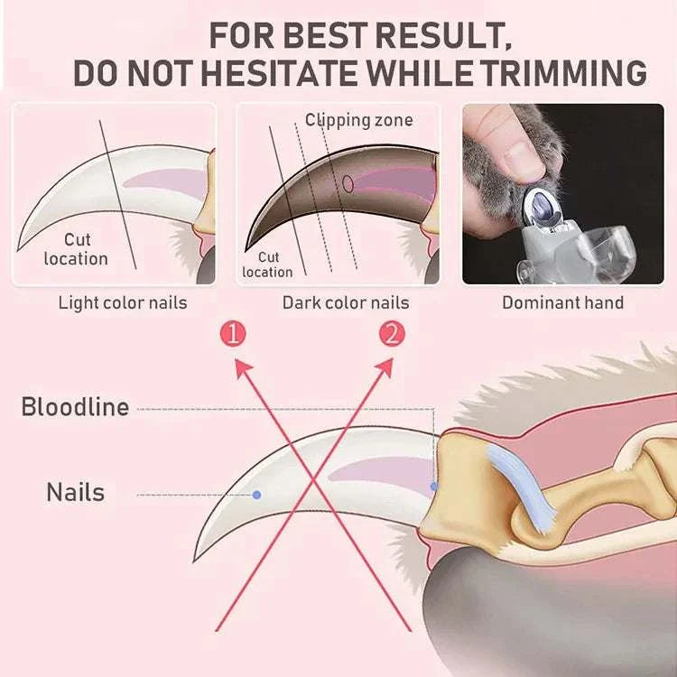 Professional pet nail clippers with LED light and ergonomic design for precise grooming of cats and dogs.