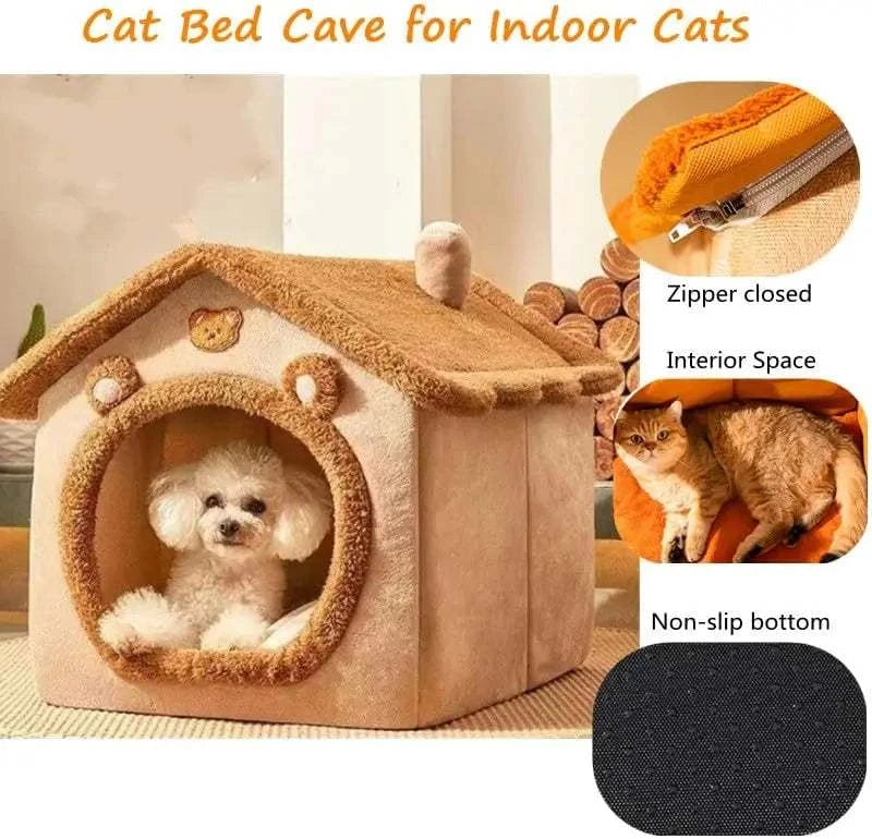 Foldable Pet House with Removable Bed for Cats and Dogs - Washable Kennel with Cozy Interior and Non-Slip Bottom.