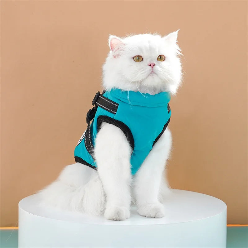 "Large waterproof dog jacket with harness for winter warmth"