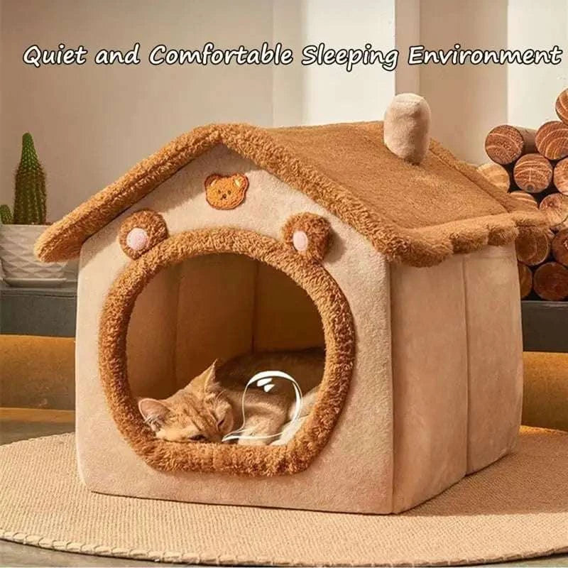 Foldable pet house with removable, washable bed for small dogs and cats, cozy and portable kennel.