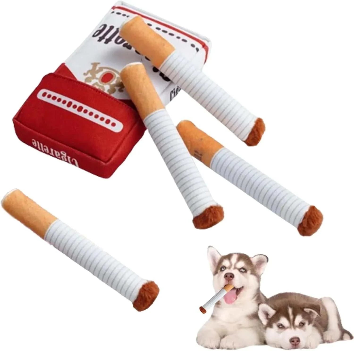Bite-resistant dog cigarette box sound making toy with plush design.