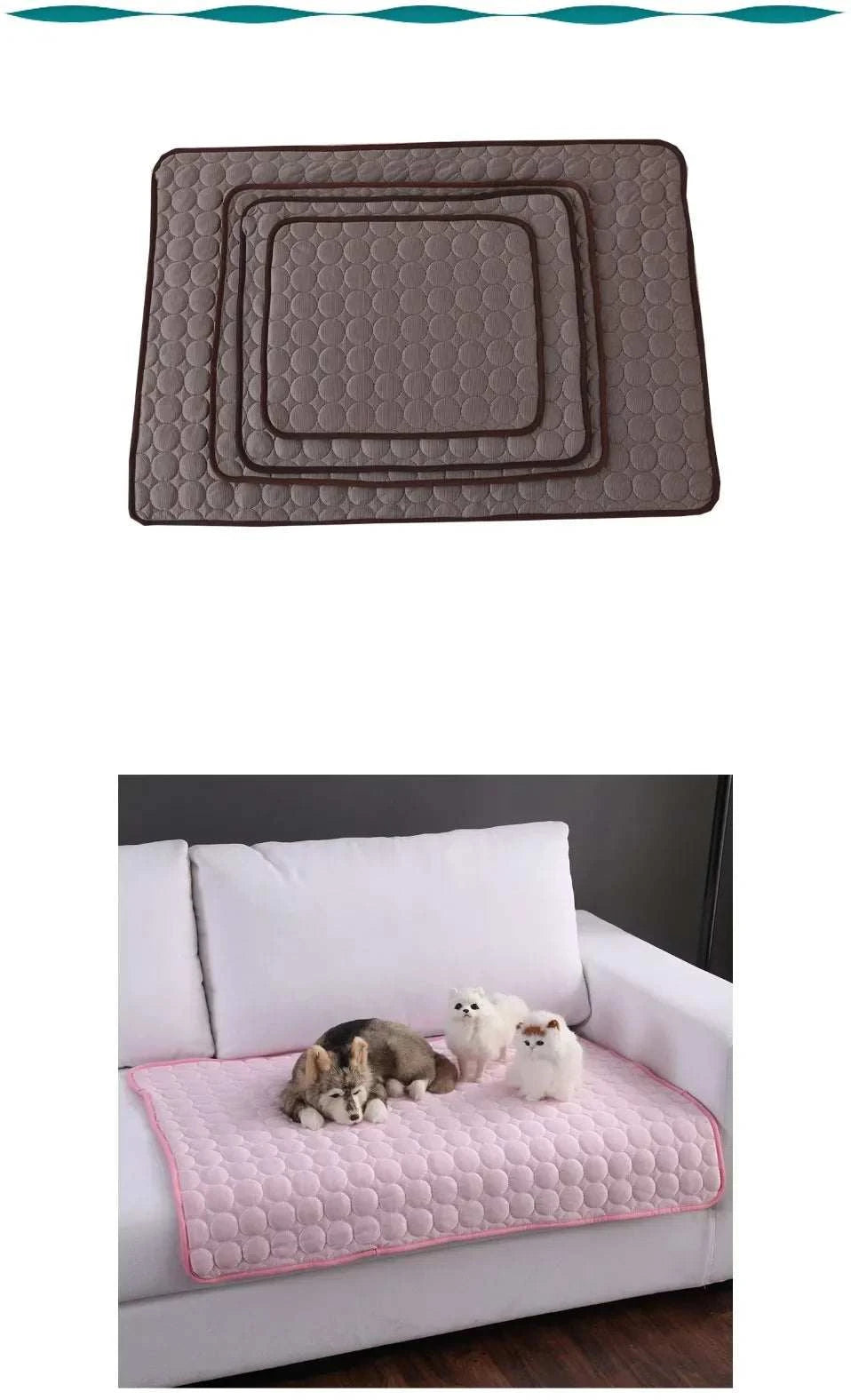 Extra large summer pet cold bed cooling mat on a couch with dogs.