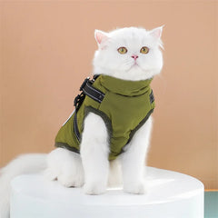 "Large waterproof dog jacket with harness for winter warmth"