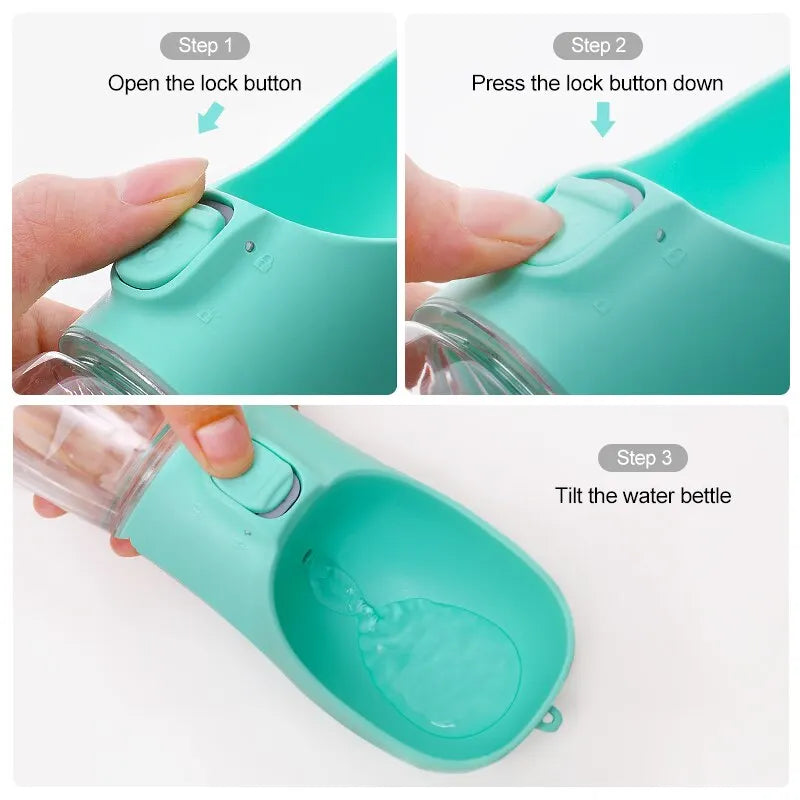 Portable pet travel water bottle with easy-pour drinking bowl, BPA-free, leak-proof design.