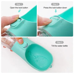 Portable pet travel water bottle with easy-pour drinking bowl, BPA-free, leak-proof design.