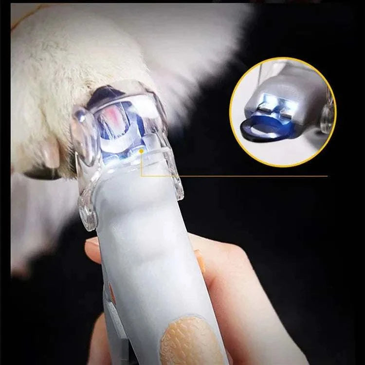 Professional pet nail clippers with LED light for cats and dogs, ergonomic design, stainless steel blades.