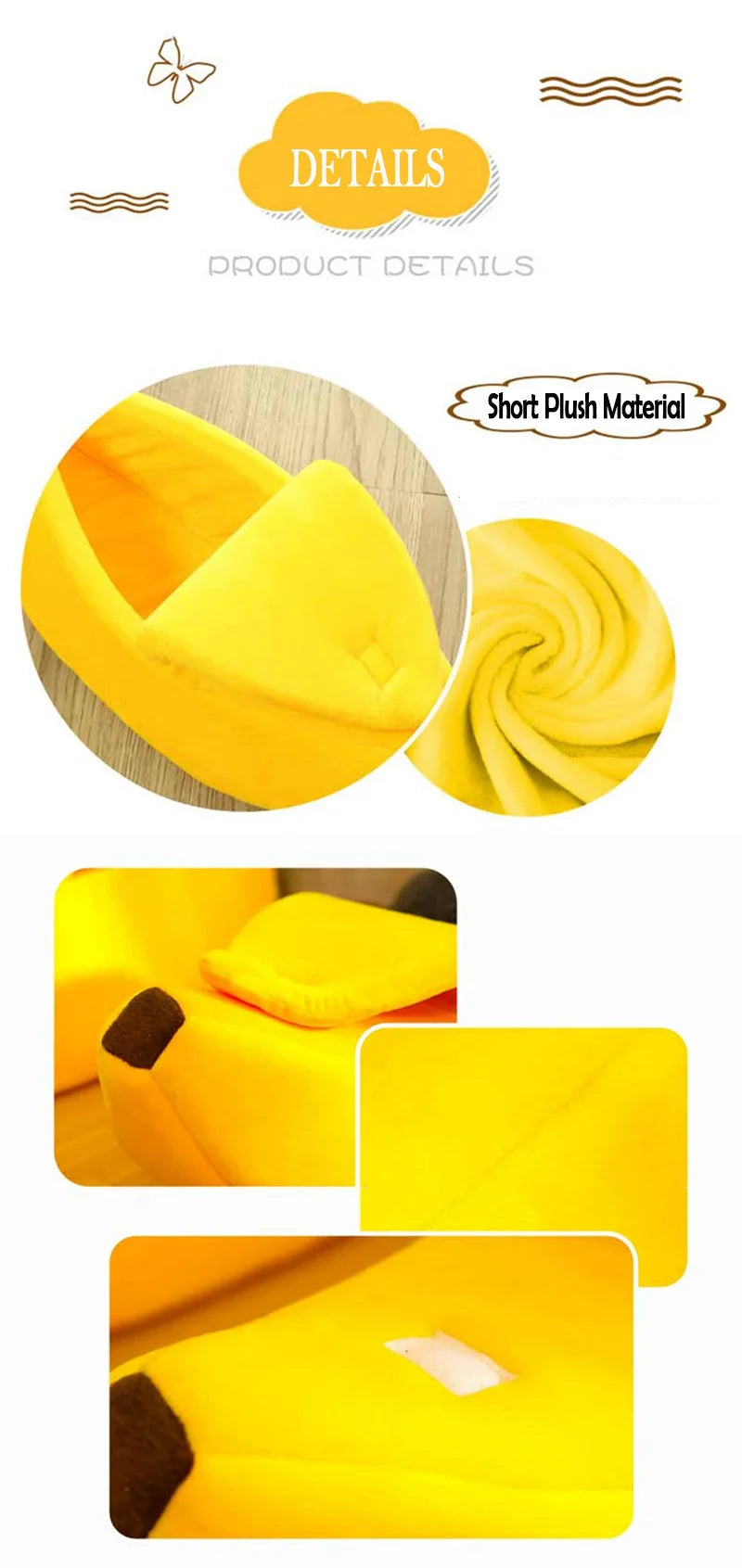 Banana shaped pet bedding with short plush material for cozy cat nest mat and dog sleeping bag.