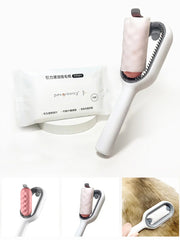 "Double-sided pet hair removal brush for cats and dogs with grooming wipes"