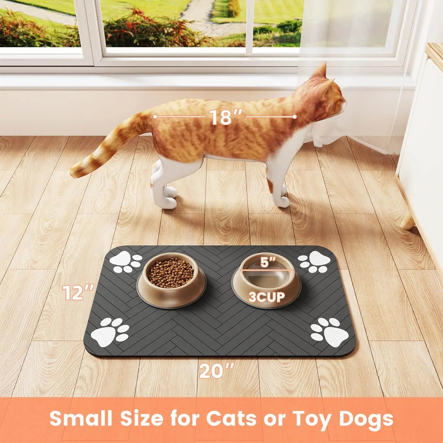 Absorbent pet feeding mat with waterproof rubber backing, designed for food and water bowls for dogs and cats, featuring a quick-dry surface.