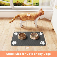 Absorbent pet feeding mat with waterproof rubber backing, designed for food and water bowls for dogs and cats, featuring a quick-dry surface.