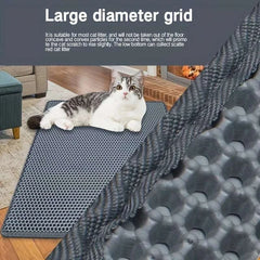 Large cat on waterproof litter trapping mat with double-layer design and non-slip backing.