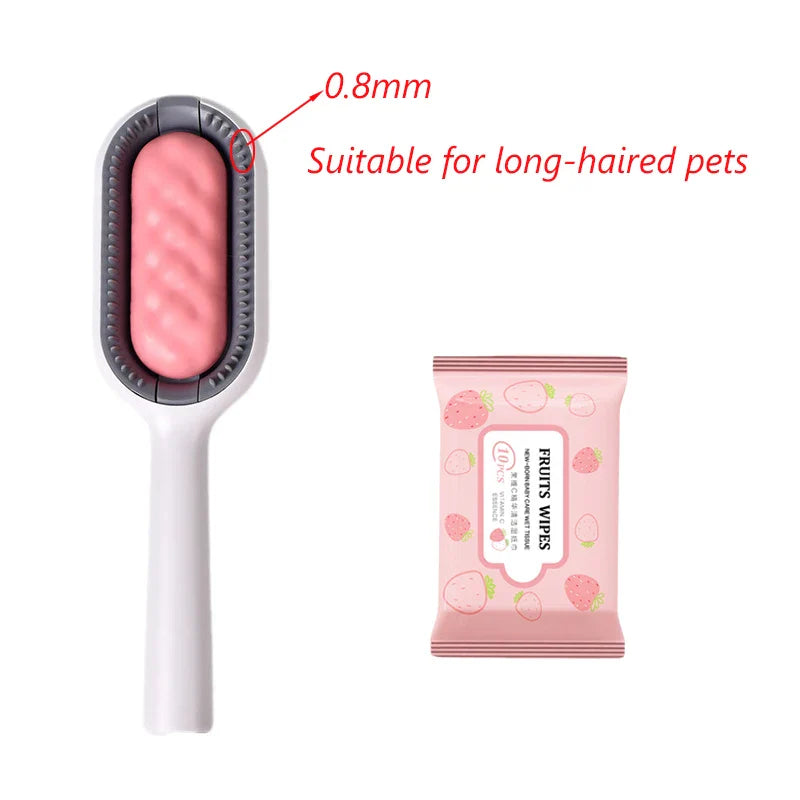 "Double-sided pet hair removal brush for cats and dogs with grooming wipes"
