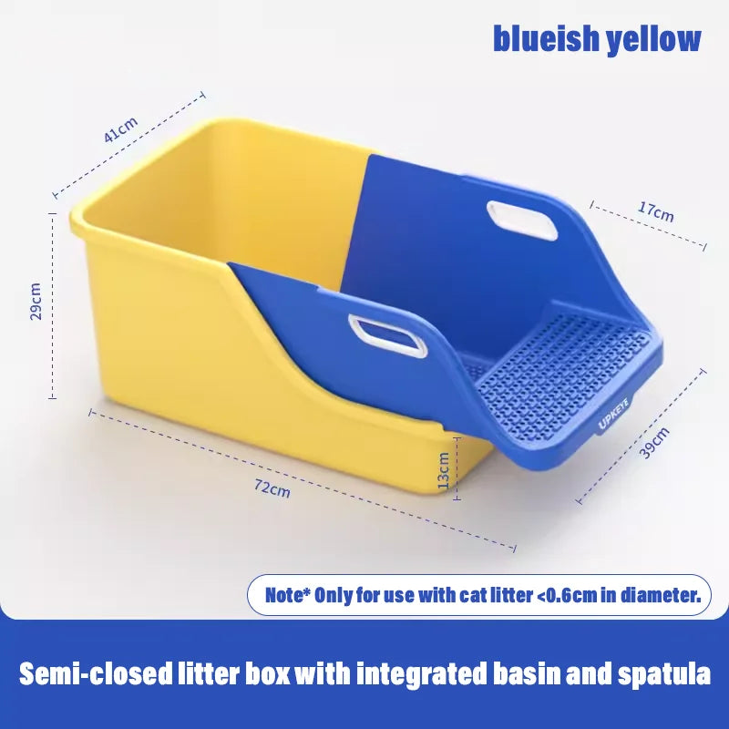 "Extra large semi-closed cat litter pan with anti-splash design for easy maintenance"