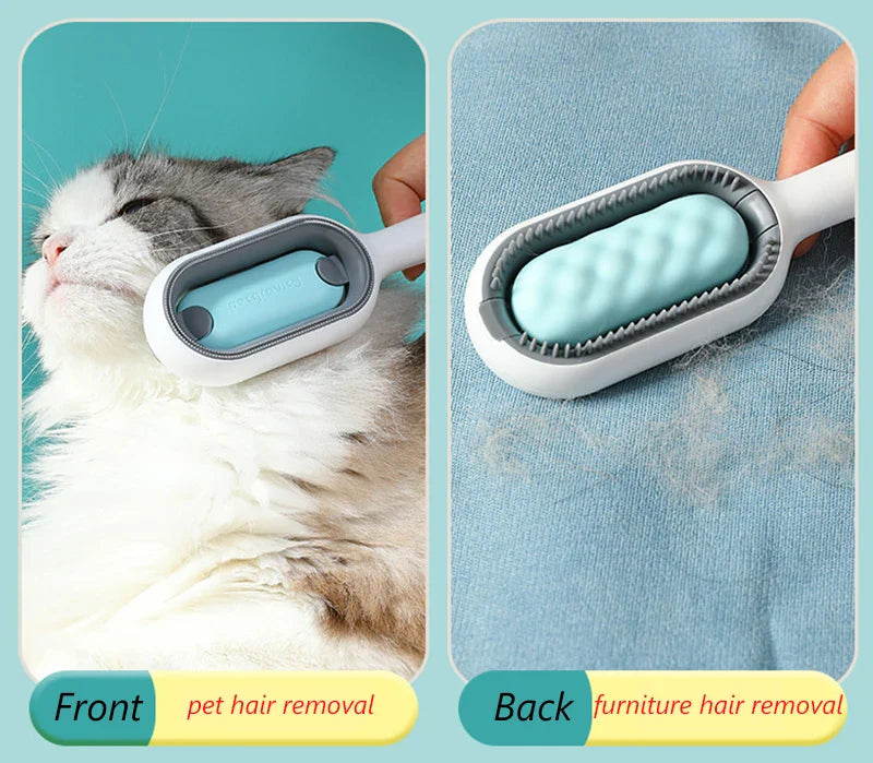 "Double-sided pet hair removal brush for cats and dogs with grooming wipes"