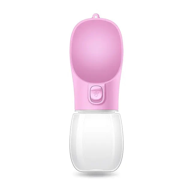 Portable pet travel water bottle with pink easy-pour drinking bowl for dogs and cats.
