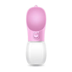 Portable pet travel water bottle with pink easy-pour drinking bowl for dogs and cats.