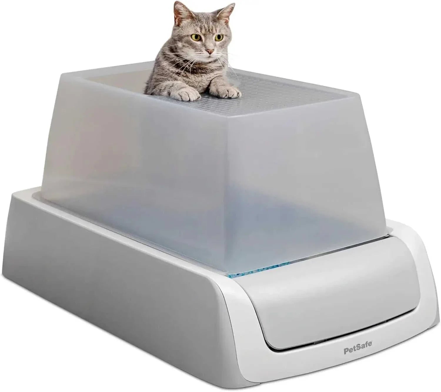 "Front entry self-cleaning cat litter box with disposable crystal tray" front doors