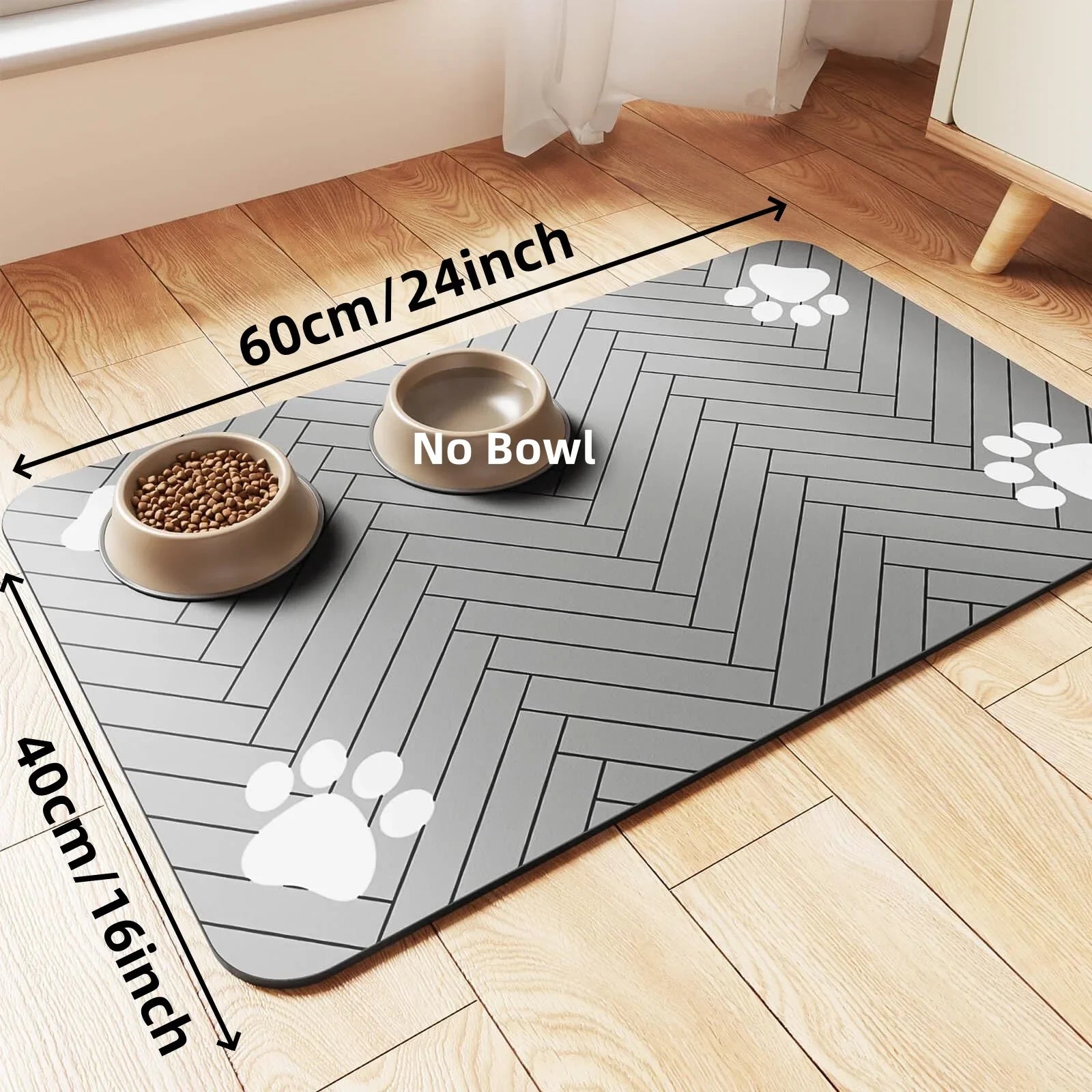 Absorbent pet feeding mat with waterproof rubber backing, designed for food and water bowls for dogs and cats, featuring a quick-dry surface.