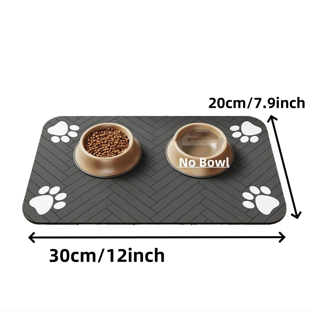 Absorbent pet feeding mat with waterproof rubber backing, designed for food and water bowls for dogs and cats, featuring a quick-dry surface.