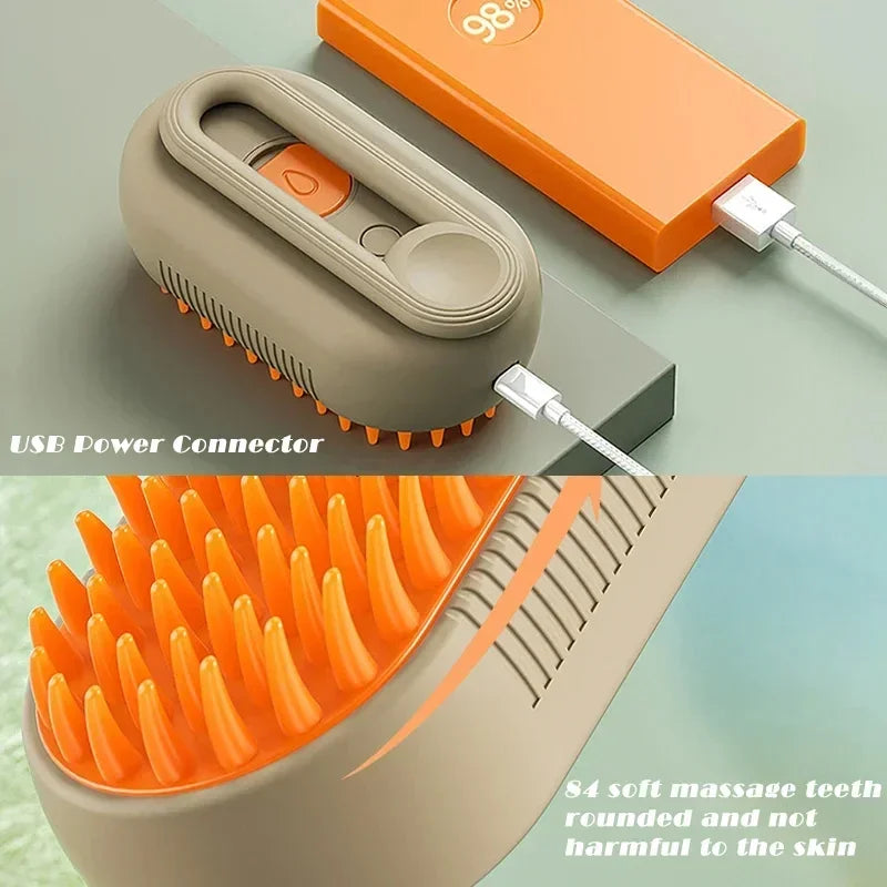 "3-in-1 cat steam brush with 360° rotating handle for hair removal and massage"