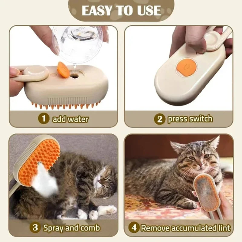 -1 cat steam brush "3-in-1 cat steam brush with 360° rotating handle for hair removal and massage"