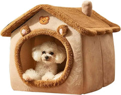 Foldable pet house with removable washable dog bed, featuring a cozy design for small to medium cats and dogs.