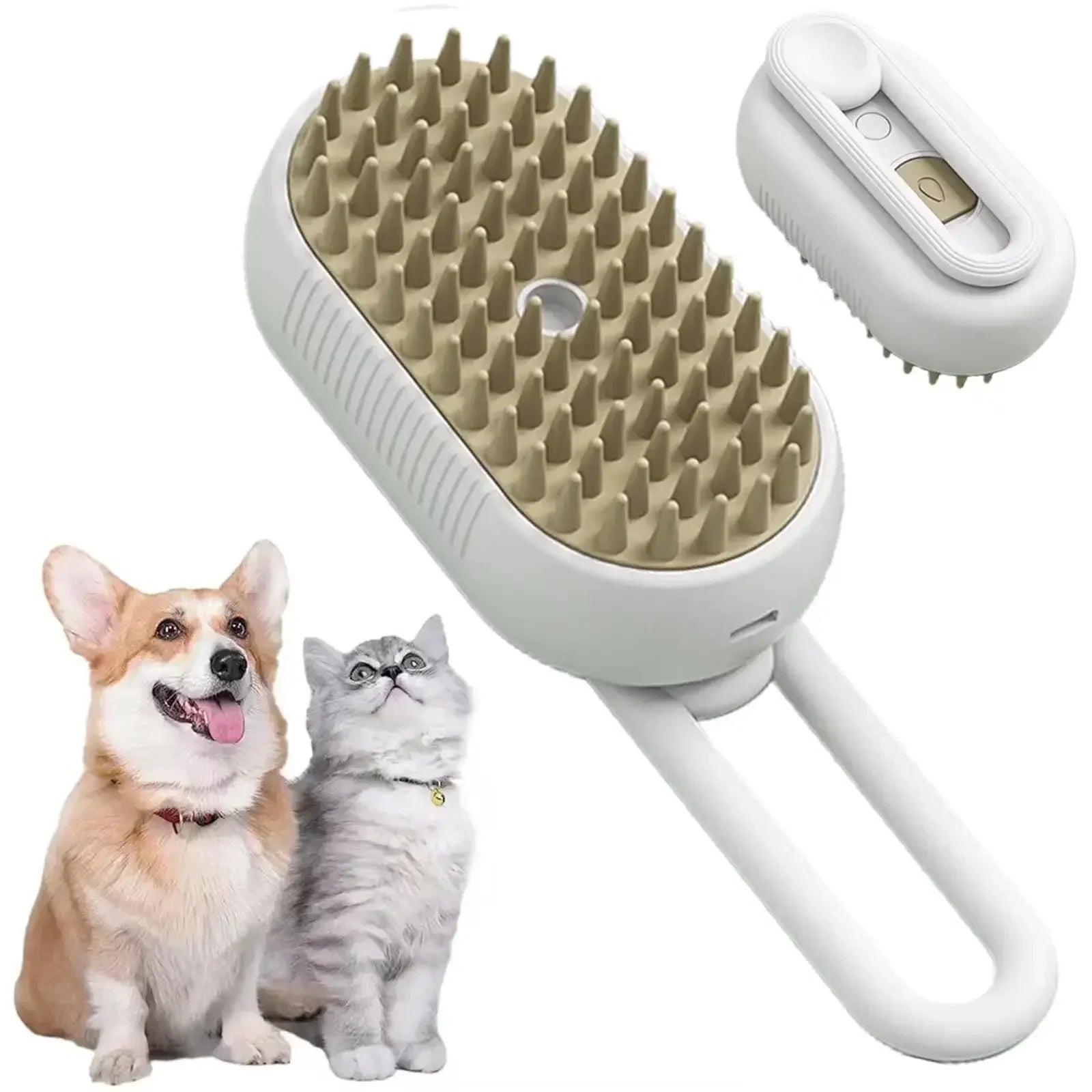 "3-in-1 cat steam brush with 360° rotating handle for hair removal and massage"