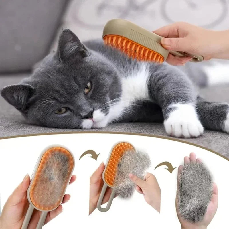 -1 cat steam brush "3-in-1 cat steam brush with 360° rotating handle for hair removal and massage"