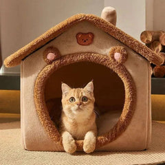 Foldable pet house with removable dog bed, washable design ideal for cats and small to medium-sized dogs.