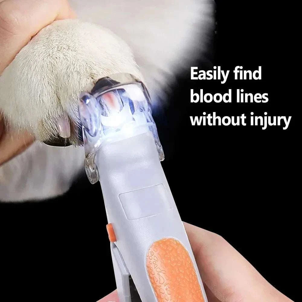 Professional pet nail clippers with LED light for cats and dogs, ergonomic design.