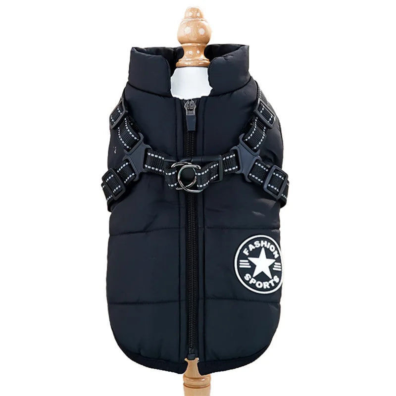 "Large waterproof dog jacket with harness for winter warmth"