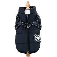 "Large waterproof dog jacket with harness for winter warmth"