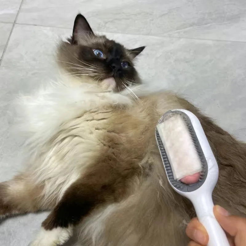 "Double-sided pet hair removal brush for cats and dogs with grooming wipes"